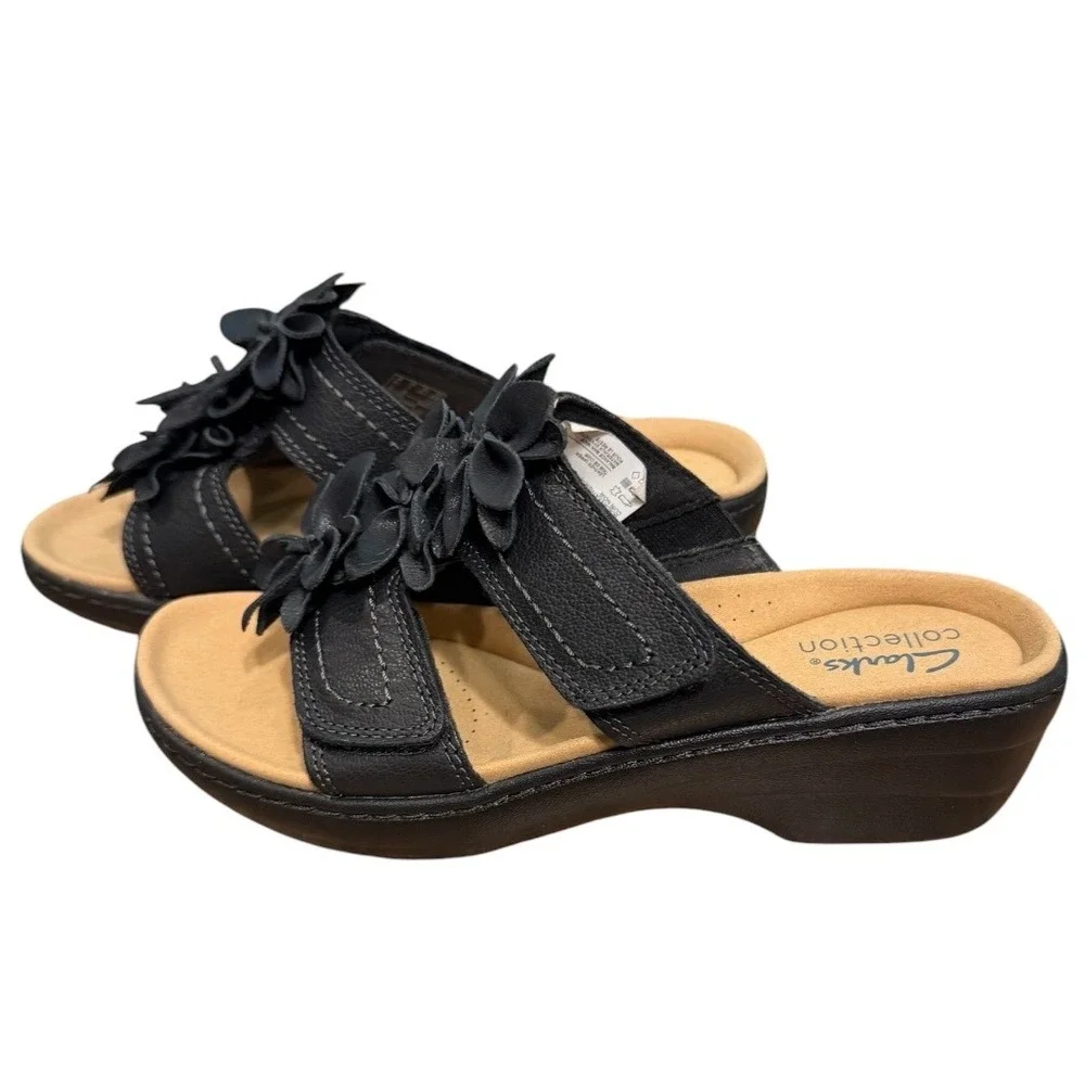 Clarks Merliah Raelyn Black Leather Floral Slide Wedge Sandals Womens 7 M